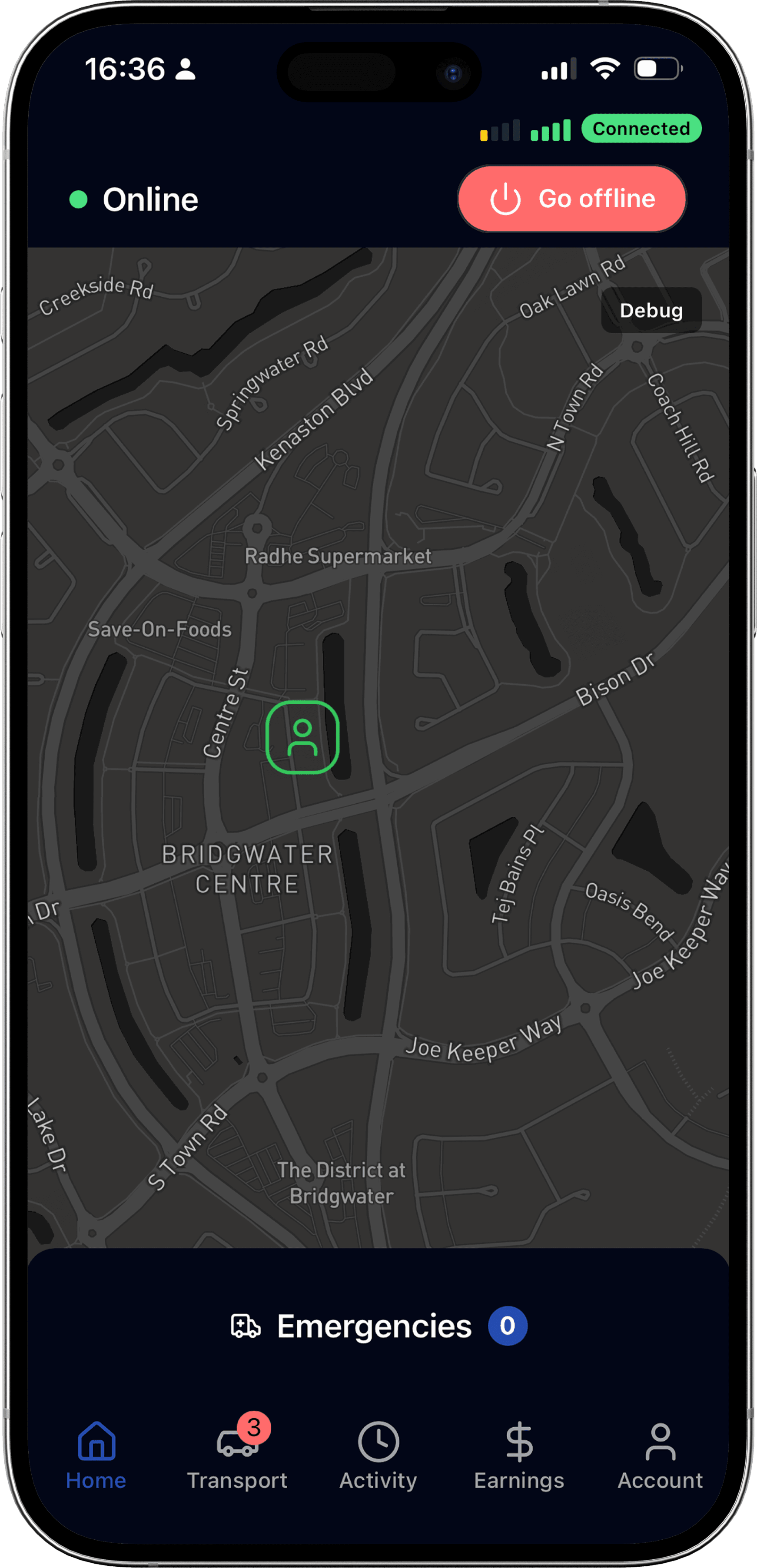 ActivMedic mobile app showing responder dashboard with live map, online status, and navigation